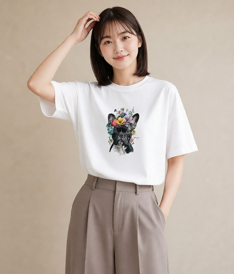 グラフィックTシャツ レディース フレンチブルドッグ フレブル 犬 いぬ イラスト 韓国風 綿100 デート 白T YMAZO