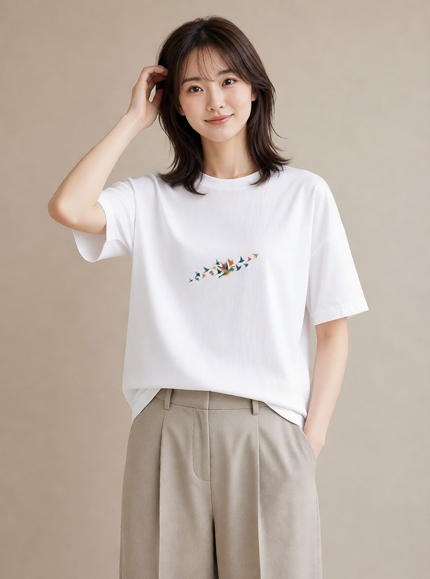 デザインTシャツ レディース 遠い家と鳥 風景 鳥 ナチュラル アンティーク イラスト 手描き風 週末コーデ 敬老の日 白T YMAZO