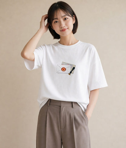 デザインTシャツ レディース 封蝋 手紙 アンティーク ナチュラル イラスト ラフ 女性 旅行用 白T YMAZO