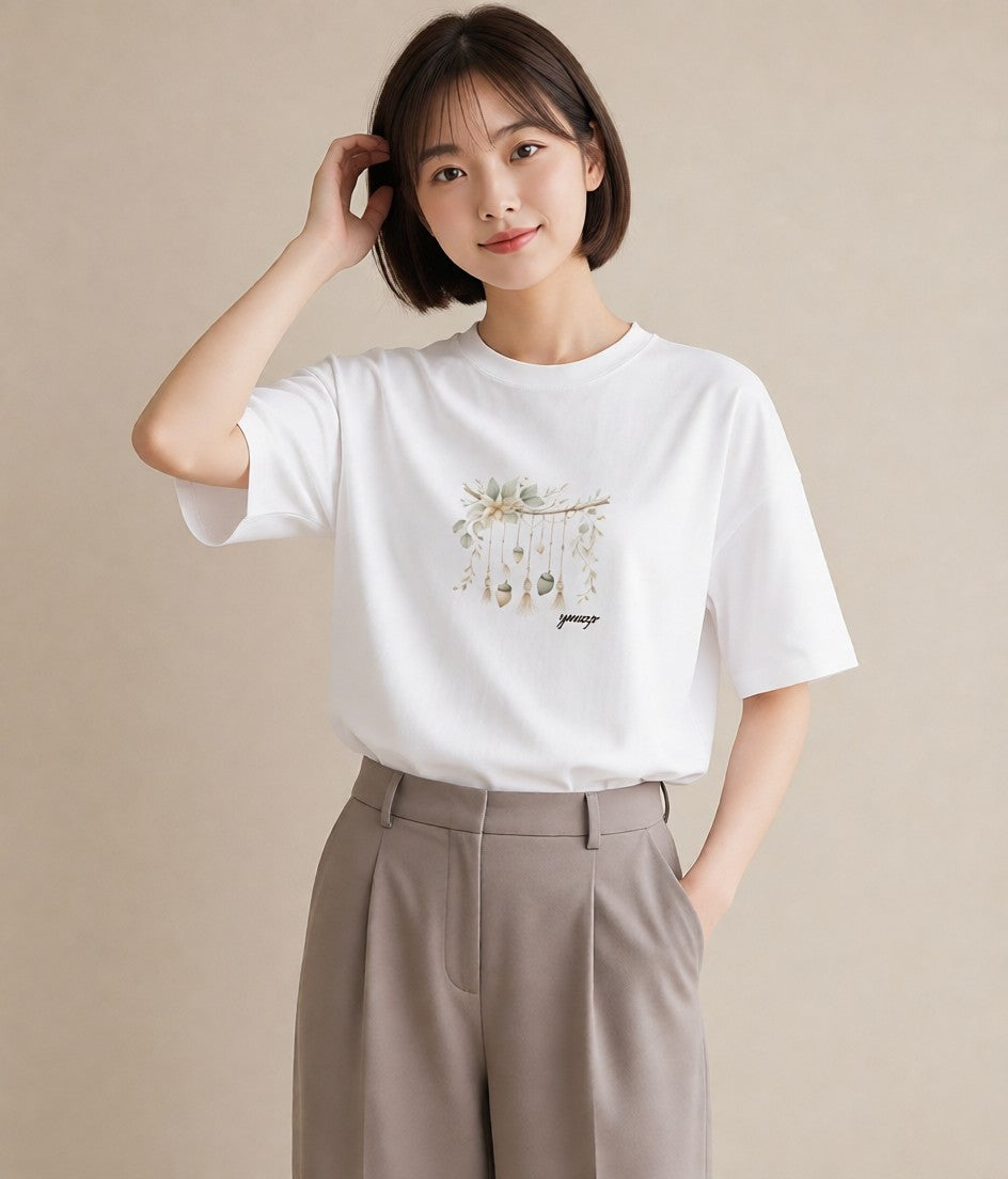 半袖Tシャツ レディース 洗濯物 風 ナチュラル アンティーク イラスト シンプル 母娘コーデ 自分用 白T YMAZO