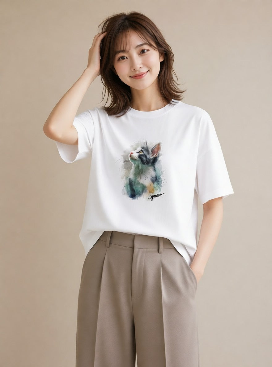半袖Tシャツ レディース しっぽ 猫 ねこ イラスト ゆるコーデ 綿100 デート 白T YMAZO