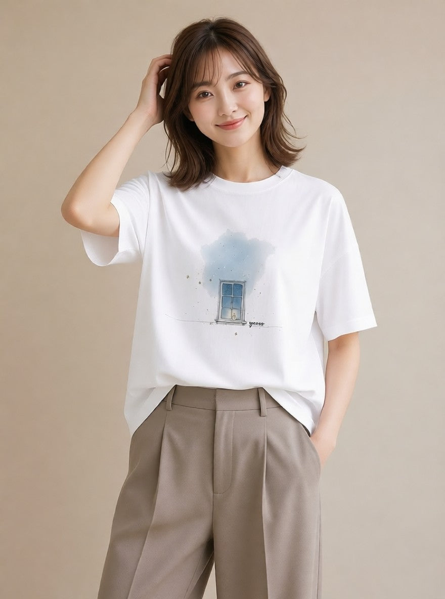 Tシャツ レディース 夕暮れ バルコニー 夕焼け ナチュラル アンティーク イラスト 線画 旅行用 海 白T YMAZO