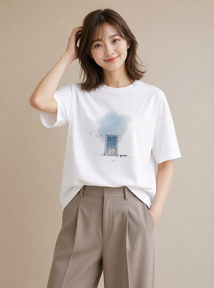 Tシャツ レディース 夕暮れ バルコニー 夕焼け ナチュラル アンティーク イラスト 線画 旅行用 海 白T YMAZO