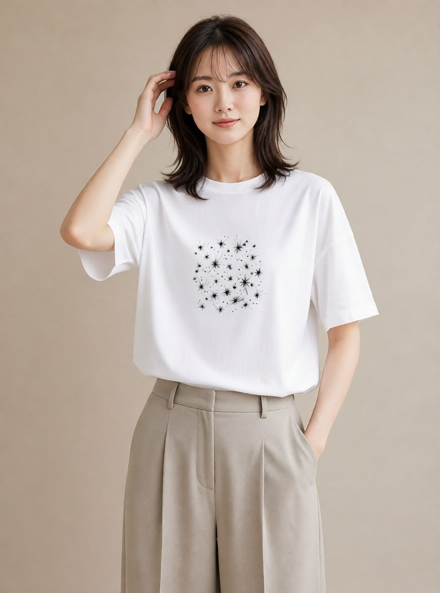 プリントTシャツ レディース 月と星 星空 ムーン イラスト 淡色 デート 帰省 白T YMAZO