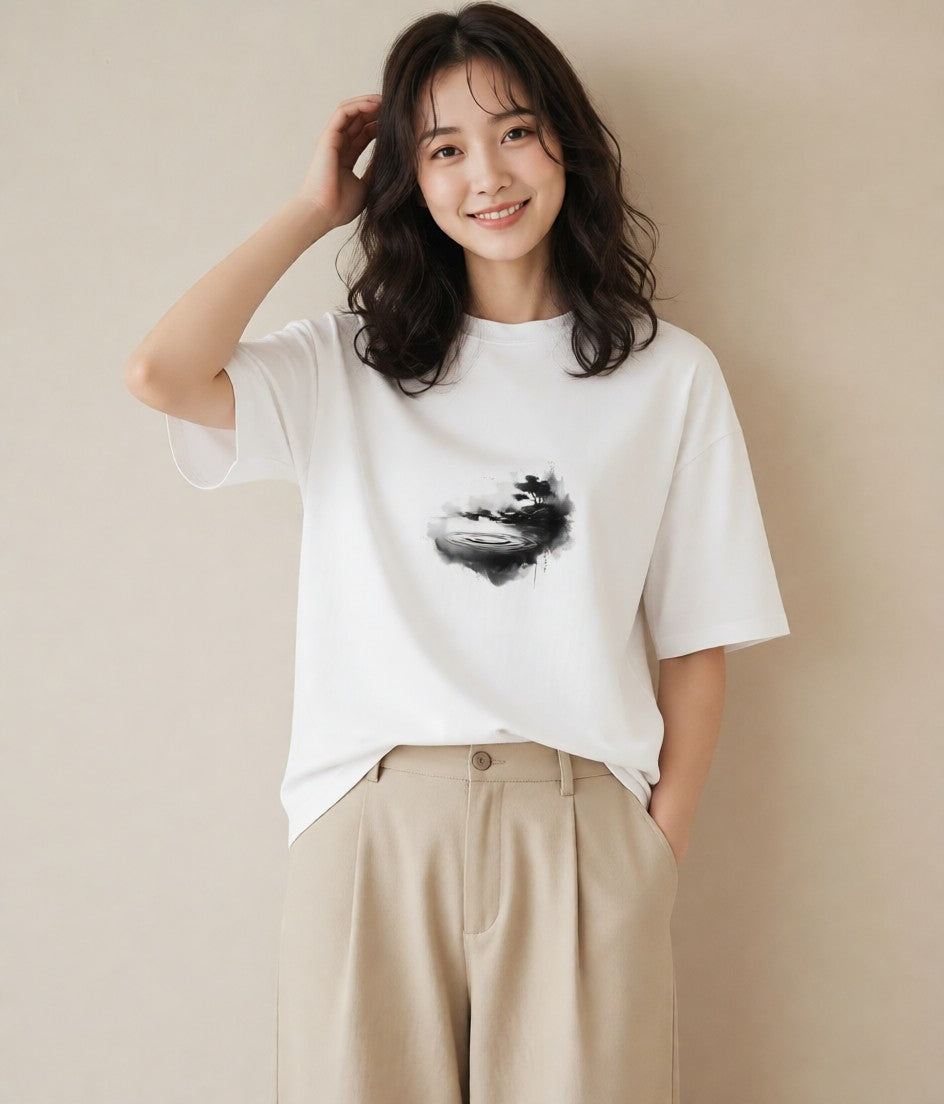デザインTシャツ レディース 青の水彩 風景 ブルー ナチュラル アンティーク イラスト 海 カフェ巡り 白T YMAZO