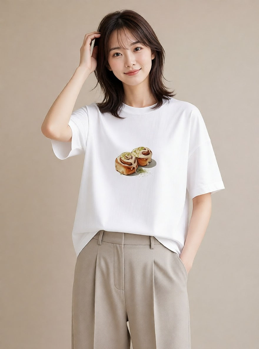 プリントTシャツ レディース ベーグル 食べ物 フード イラスト 散歩 お出かけ 白T YMAZO