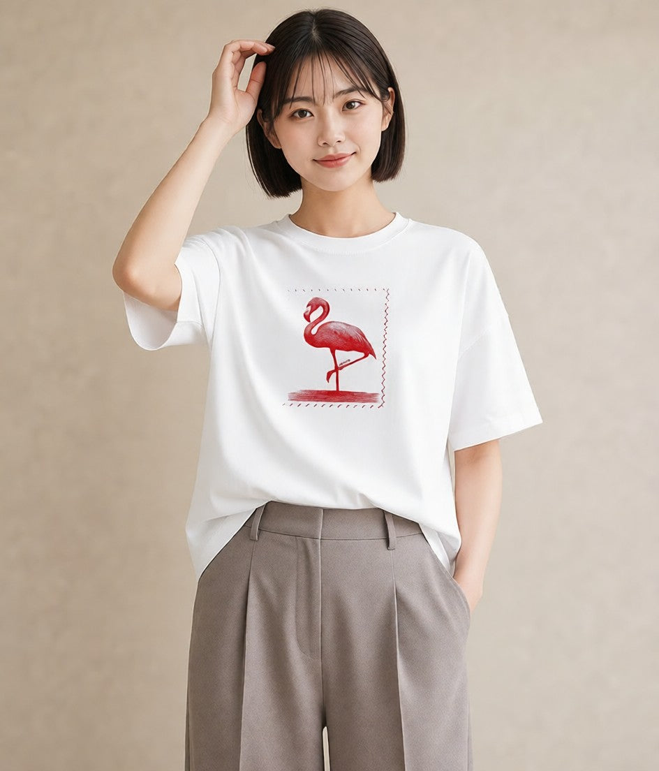 デザインTシャツ レディース フラミンゴ 動物 アニマル イラスト 上品 買い物 夏コーデ 白T YMAZO