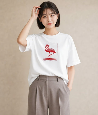 デザインTシャツ レディース フラミンゴ 動物 アニマル イラスト 上品 買い物 夏コーデ 白T YMAZO