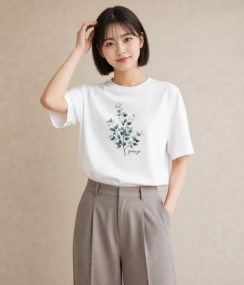 デザインTシャツ レディース 葉っぱ 植物 ボタニカル イラスト ニュアンス ビーチ デイリーウェア 白T YMAZO