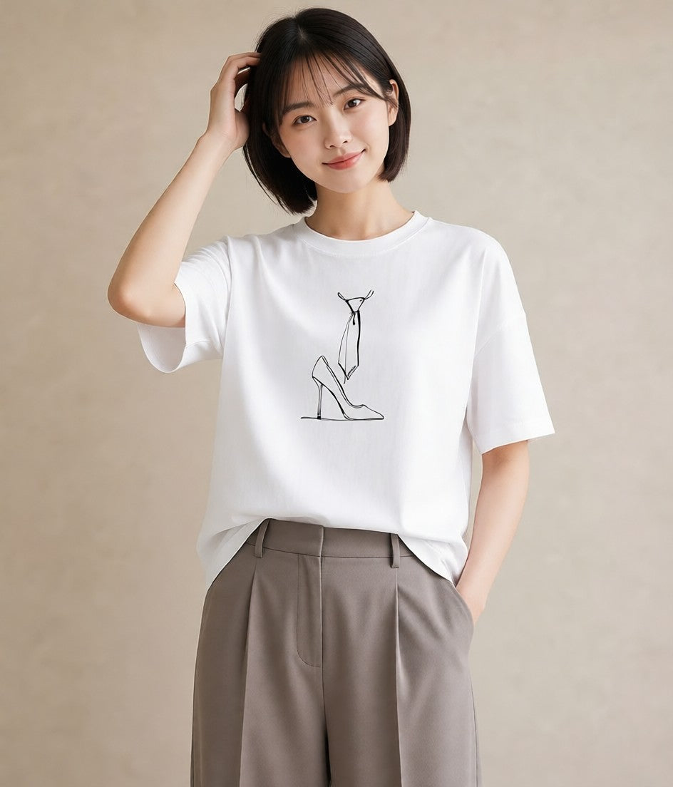 Tシャツ レディース バレエシューズ バレエ トウシューズ ナチュラル アンティーク イラスト 線画 カフェ巡り 女子会 白T YMAZO