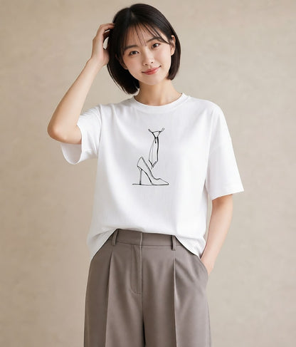 Tシャツ レディース バレエシューズ バレエ トウシューズ ナチュラル アンティーク イラスト 線画 カフェ巡り 女子会 白T YMAZO