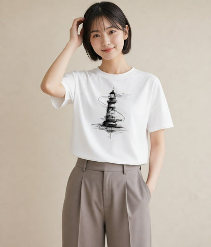 デザインTシャツ レディース 灯台 霧 海 ナチュラル アンティーク イラスト 上品 夏コーデ 通学 白T YMAZO