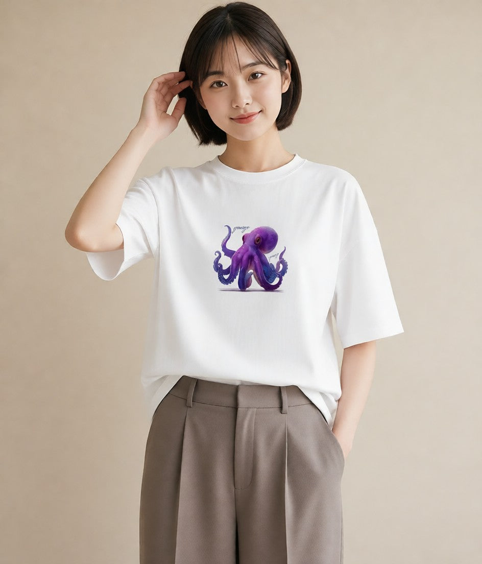 プリントTシャツ レディース イカ 海の生き物 海 イラスト 普段使い 旅行 母娘コーデ 白T YMAZO
