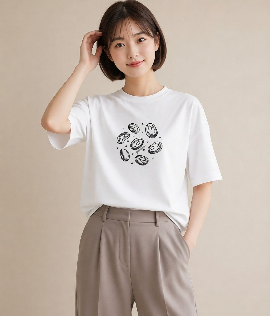 プリントTシャツ レディース パールピアス アクセサリー ナチュラル アンティーク イラスト こなれ感 お揃い 親子 白T YMAZO