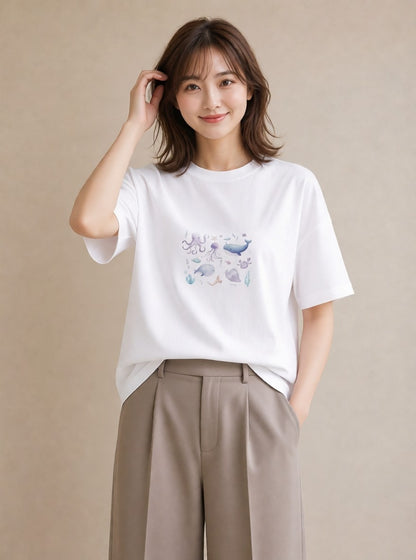 グラフィックTシャツ レディース クジラ 海の生き物 海 イラスト 休日 ペアコーデ 白T YMAZO