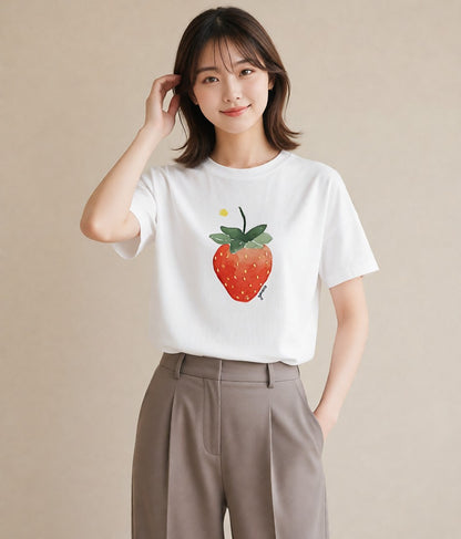 プリントTシャツ レディース いちご 苺 ストロベリー 食べ物 フード イラスト 韓国風 週末コーデ 敬老の日 白T YMAZO