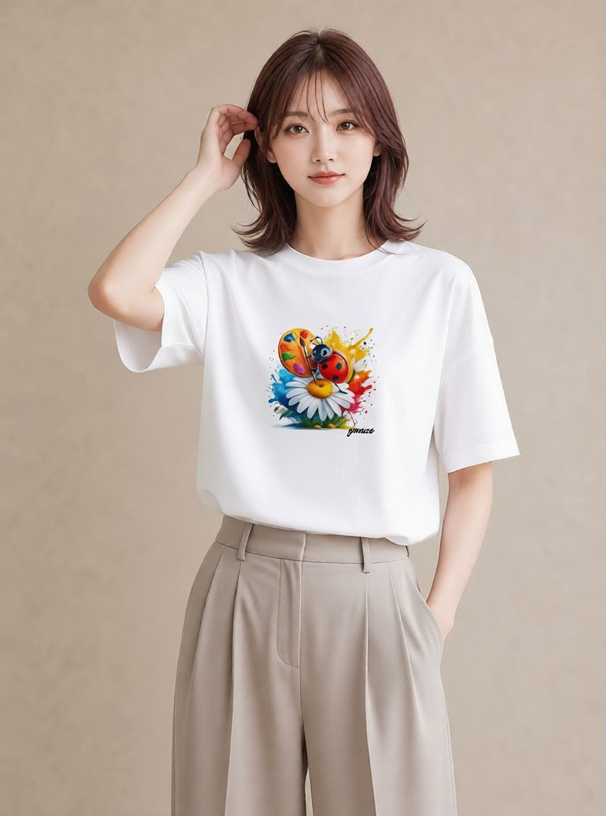 プリントTシャツ レディース てんとう虫 昆虫 虫 イラスト 上品 自分用 ルームウェア 白T YMAZO