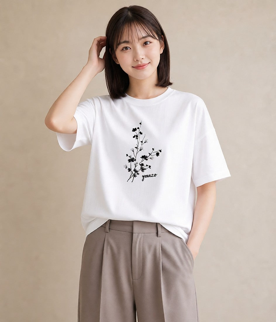Tシャツ レディース さくら 桜 桜の枝 イラスト 手描き風 自分用 ルームウェア 白T YMAZO