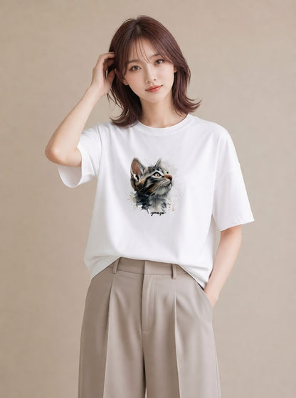 デザインTシャツ レディース 愛猫 猫 ねこ イラスト 韓国風 ミセス 春コーデ 白T YMAZO