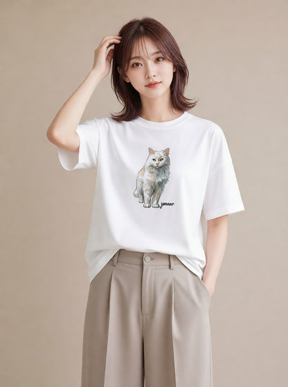 Tシャツ レディース スコティッシュフォールド 猫 ねこ イラスト 敬老の日 ホワイトデー 白T YMAZO