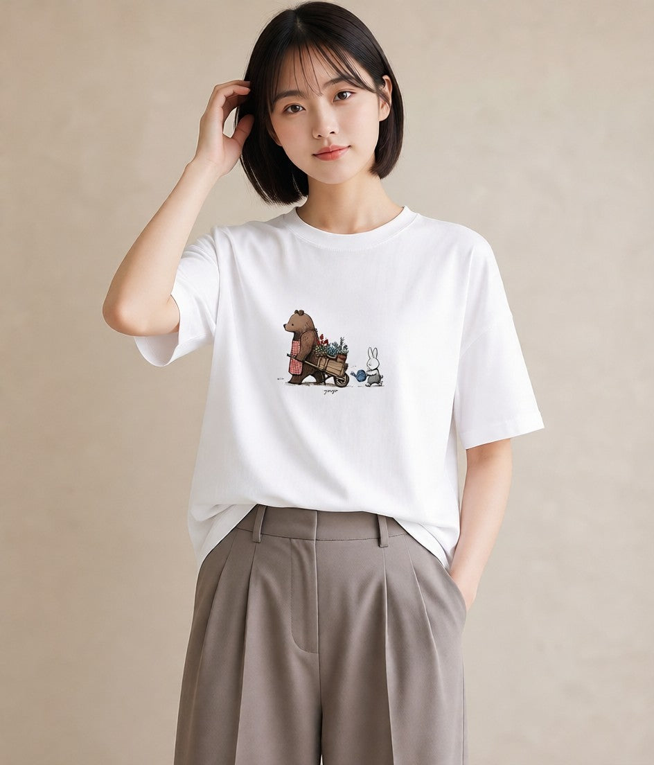 半袖Tシャツ レディース 小花 花 フラワー イラスト 淡色 母娘コーデ 自分用 白T YMAZO