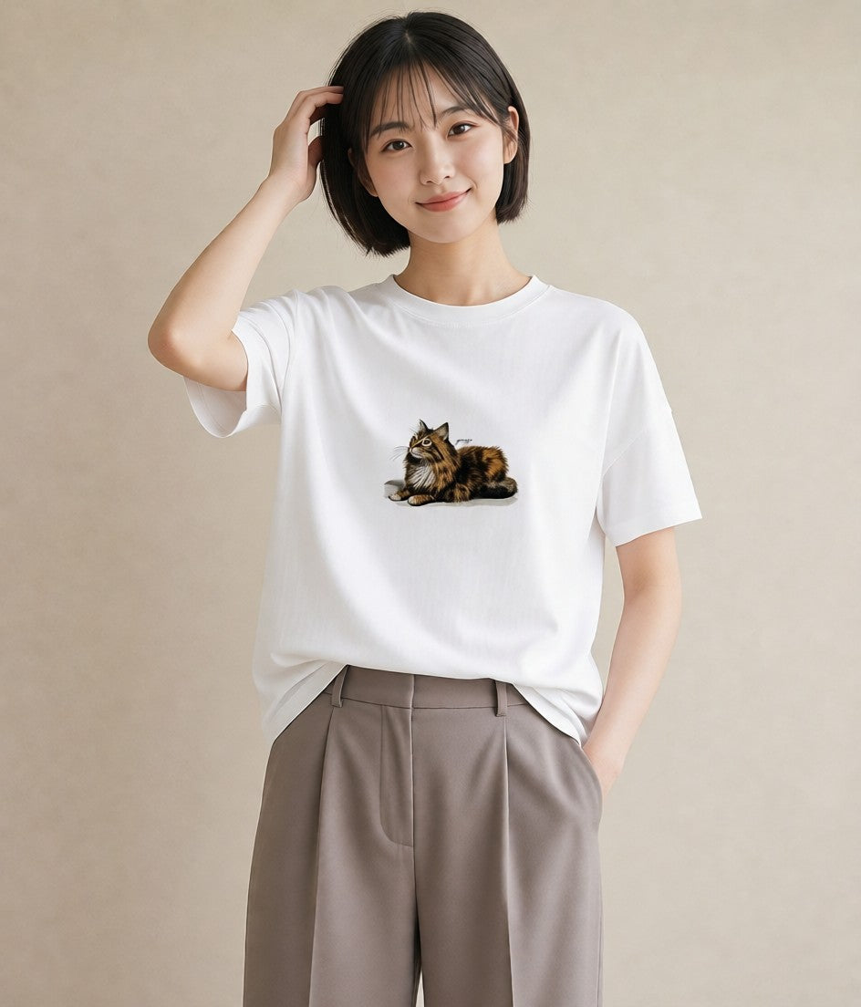 Tシャツ レディース 猫 ねこ イラスト ニュアンス お揃い 親子 白T YMAZO