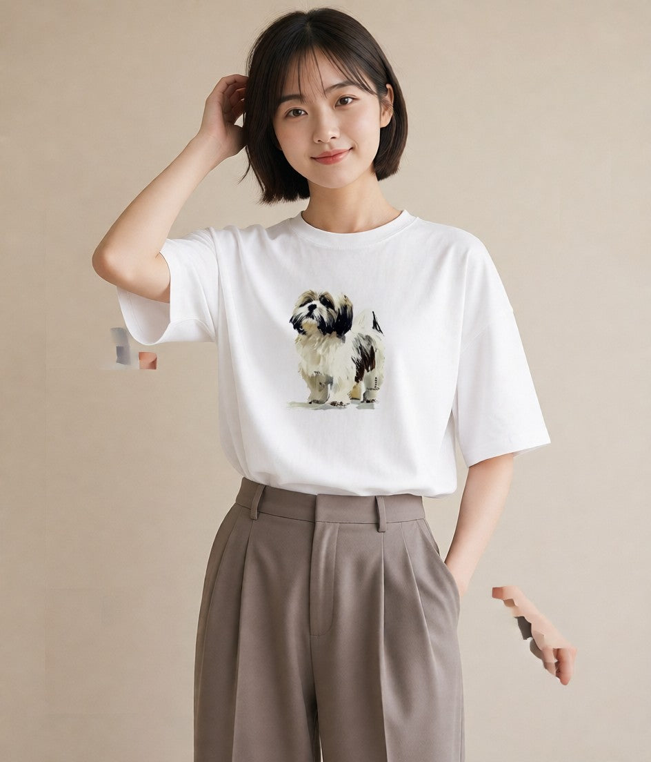 プリントTシャツ レディース 狆 犬 いぬ イラスト ナチュラル 送別ギフト 通勤 白T YMAZO