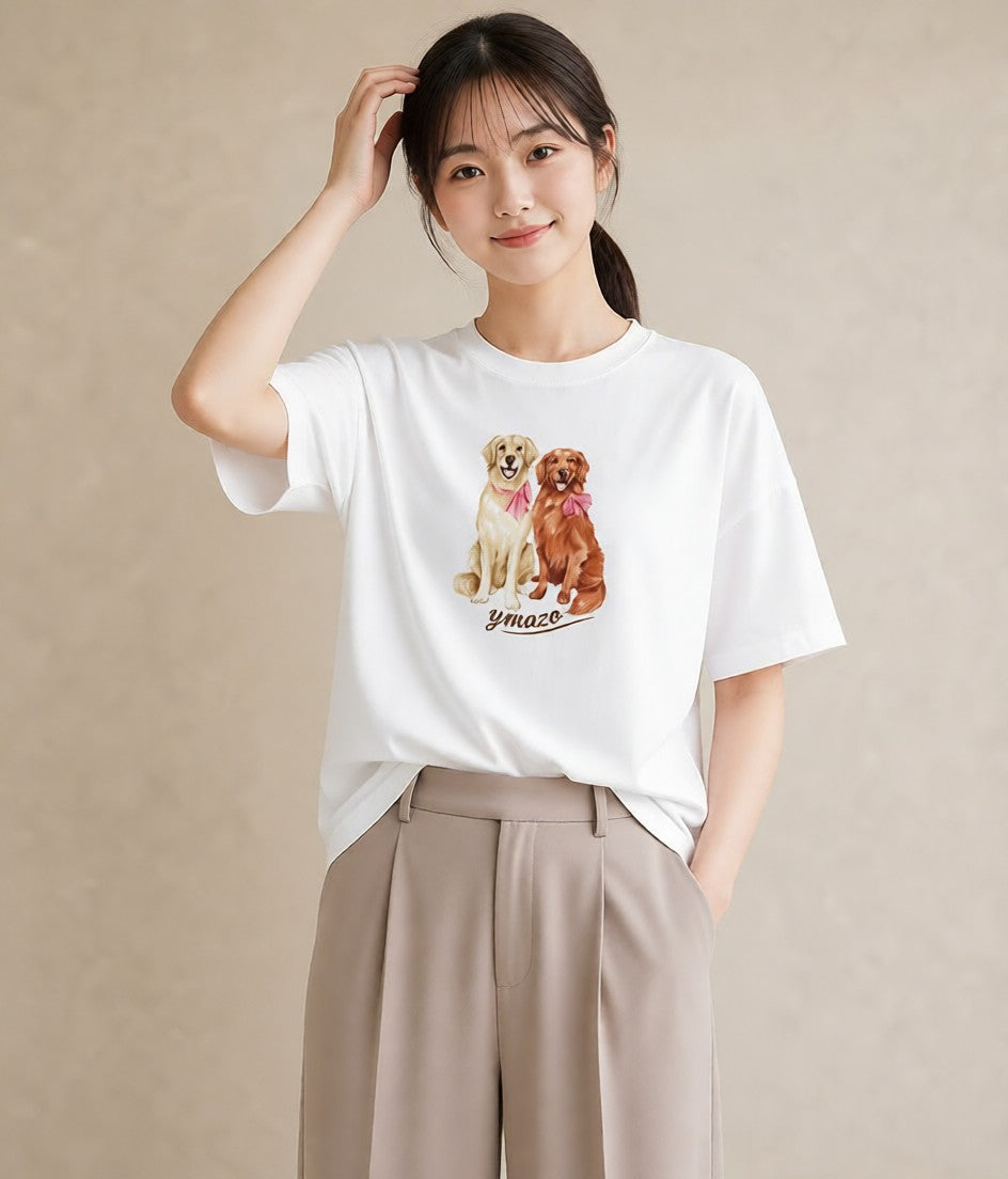 グラフィックTシャツ レディース ゴールデンレトリバー ゴールデン 犬 いぬ イラスト ヴィンテージ風 レイヤード 友達ギフト 白T YMAZO