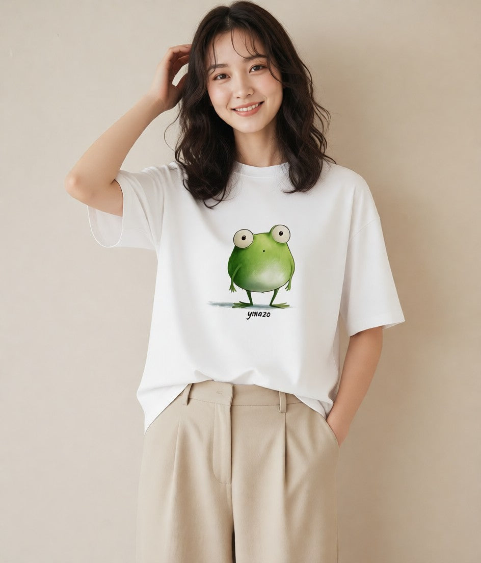 プリントTシャツ レディース カエル ペット 動物 イラスト きれいめカジュアル お揃い 親子 白T YMAZO