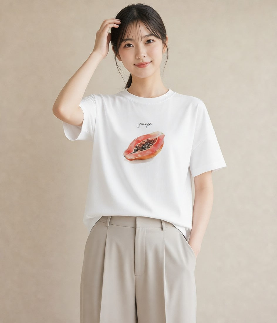 半袖Tシャツ レディース メロン 食べ物 フード イラスト ミニマル ミセス 春コーデ 白T YMAZO