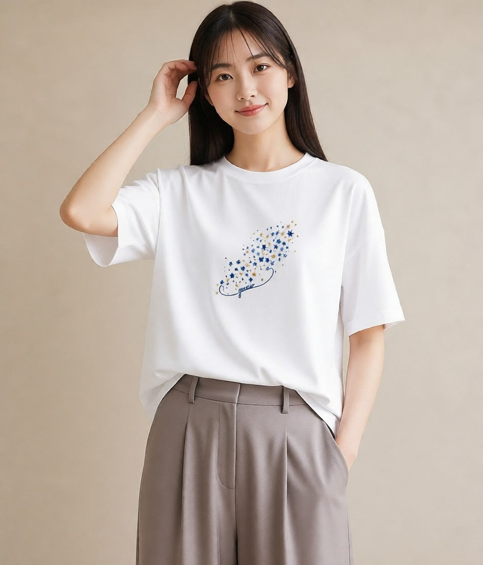 半袖Tシャツ レディース 獅子座 星空 宇宙 イラスト アート風 ホワイトデー 春服 白T YMAZO