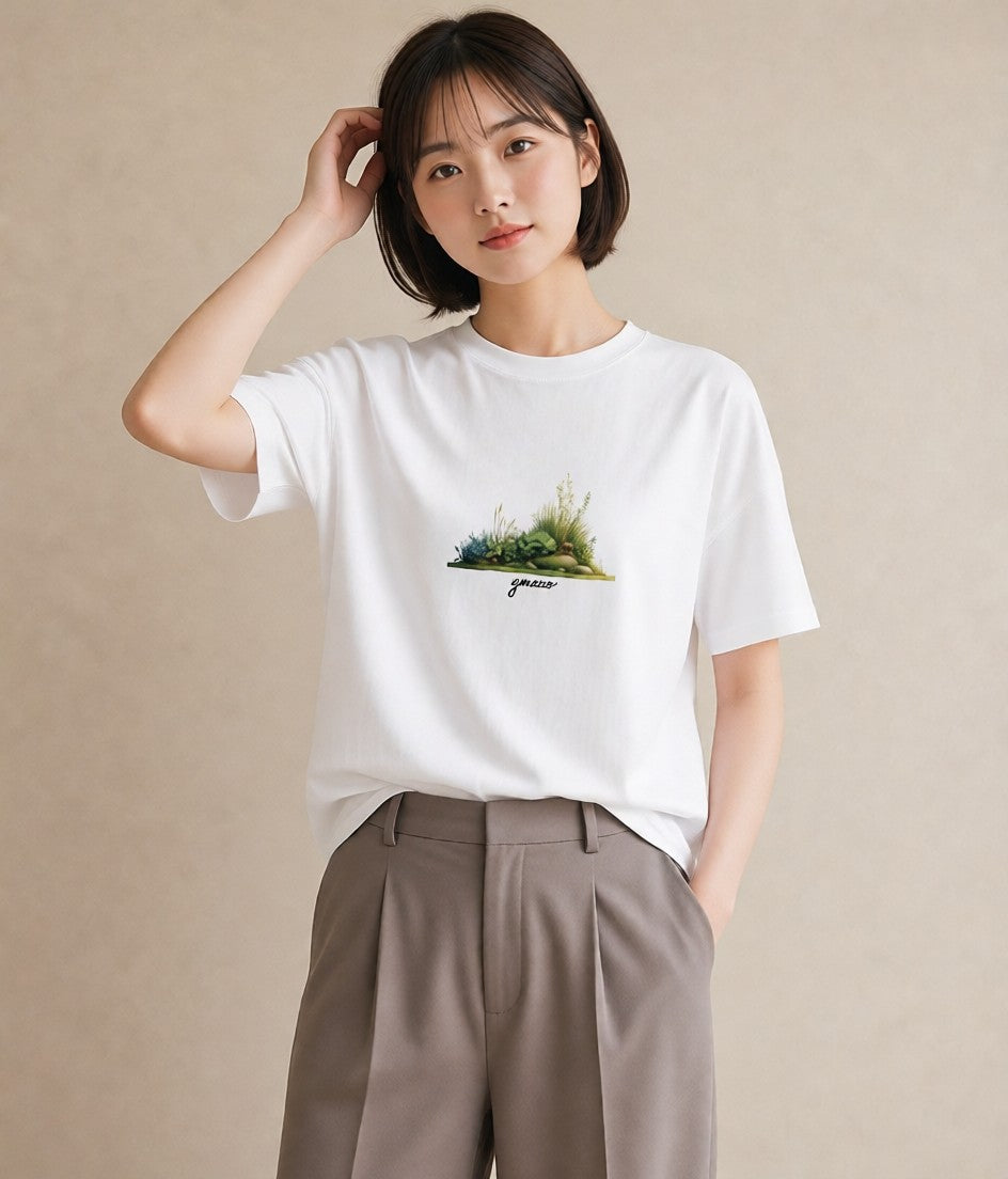 Tシャツ レディース 芝生 植物 ボタニカル イラスト 抜け感 散歩 お出かけ 白T YMAZO