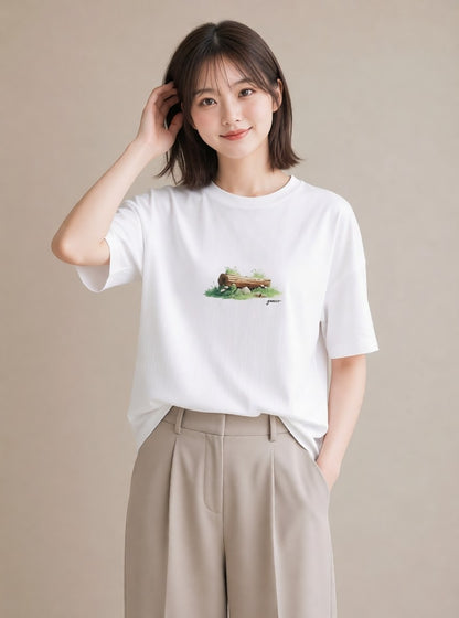 プリントTシャツ レディース 小川 橋 せせらぎ ナチュラル アンティーク イラスト ポップ 通学 誕生日プレゼント 白T YMAZO