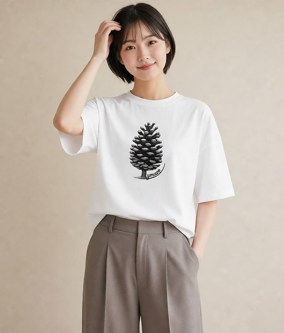 デザインTシャツ レディース 松ぼっくり 植物 ボタニカル イラスト 友達ギフト 部屋着 白T YMAZO