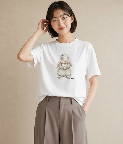 Tシャツ レディース ロップイヤー ペット 動物 イラスト ミニマル 春服 ミセス 白T YMAZO
