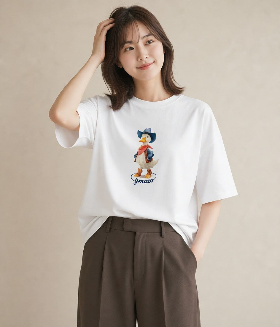 デザインTシャツ レディース アヒル 動物 アニマル イラスト 可愛い 旅行 母娘コーデ 白T YMAZO