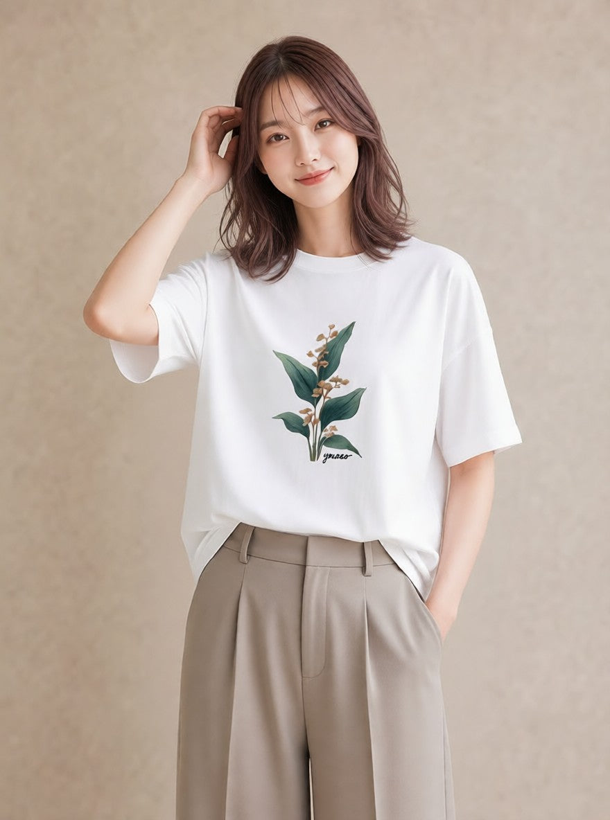 半袖Tシャツ レディース 金木犀 花 花柄 イラスト フェミニン 在宅 公園 白T YMAZO