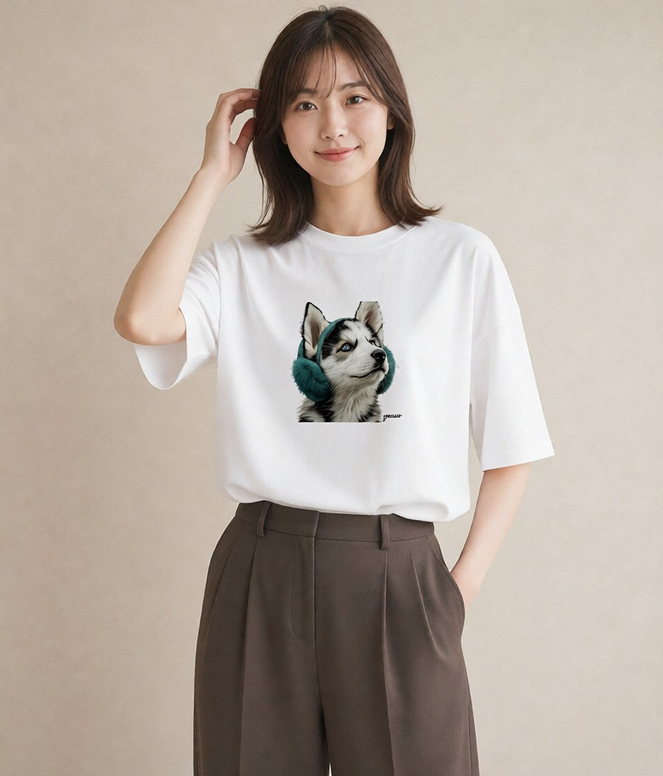 デザインTシャツ レディース シベリアンハスキー 犬 いぬ イラスト きれいめ 送別ギフト 通勤 白T YMAZO