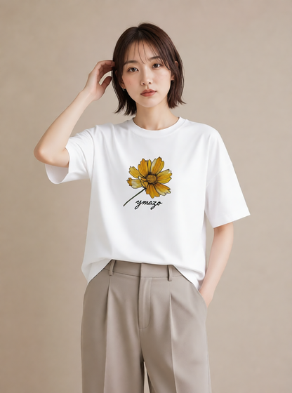 Tシャツ レディース デイジー 花 花柄 イラスト アート風 通勤 在宅 白T YMAZO