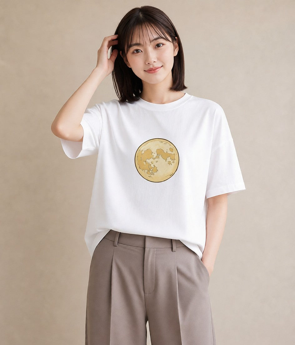 半袖Tシャツ レディース 満月 星空 宇宙 イラスト ユニーク 散歩 お出かけ 白T YMAZO