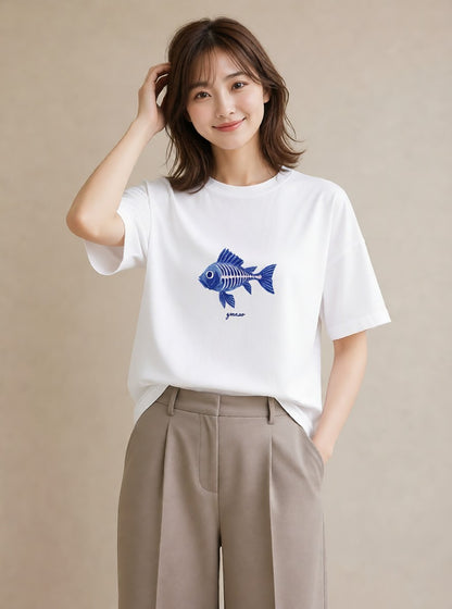 デザインTシャツ レディース メダカ ペット 動物 イラスト アート風 親子 20代 白T YMAZO