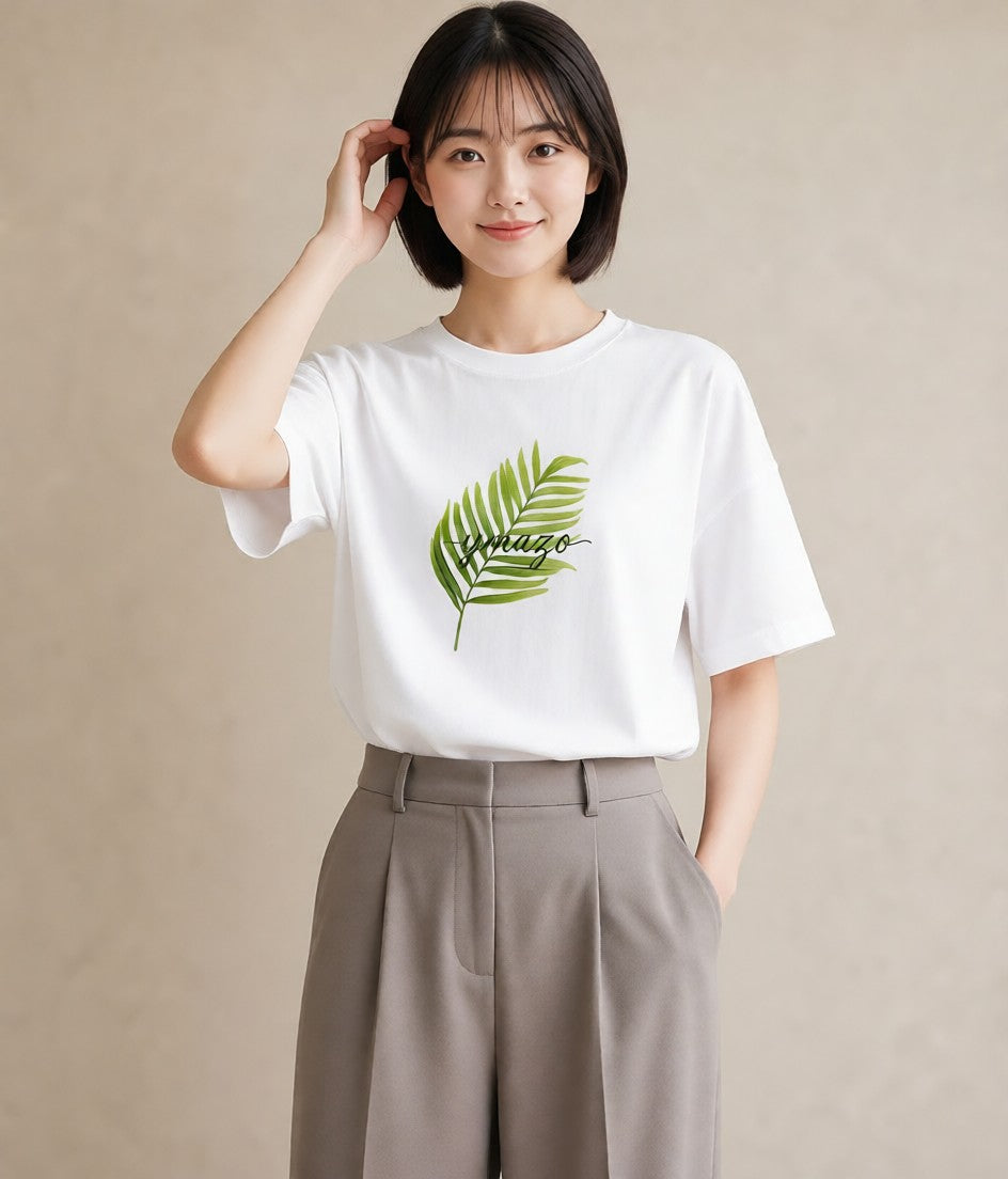 デザインTシャツ レディース シダ 植物 ボタニカル イラスト 北欧風 散歩 お出かけ 白T YMAZO