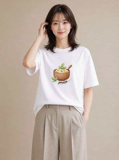 グラフィックTシャツ レディース たまご 食べ物 フード イラスト 可愛い 自分用 ルームウェア 白T YMAZO