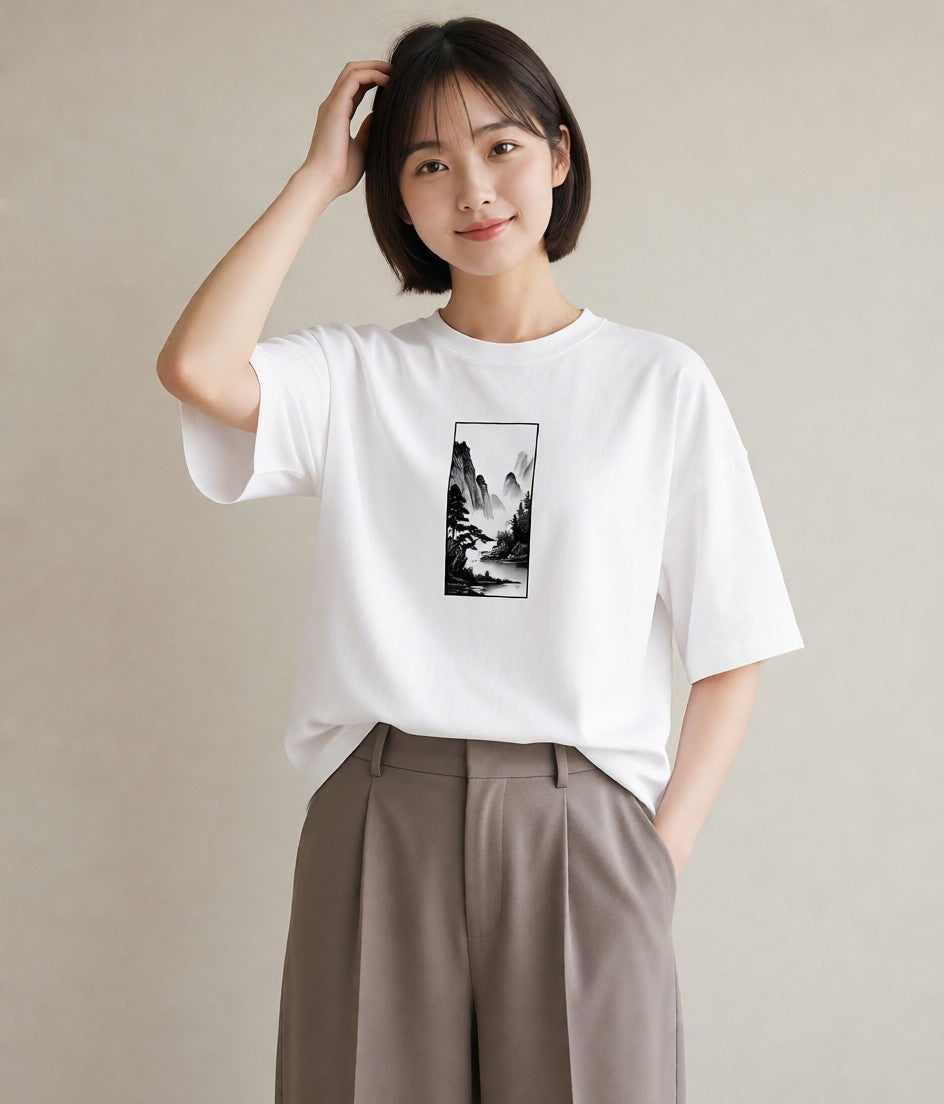 プリントTシャツ レディース 桟橋 水辺 波止場 ナチュラル アンティーク イラスト シック 誕生日プレゼント 綿100 白T YMAZO