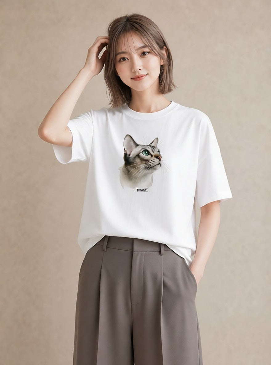デザインTシャツ レディース 白猫 猫 ねこ イラスト アート風 敬老の日 ホワイトデー 白T YMAZO