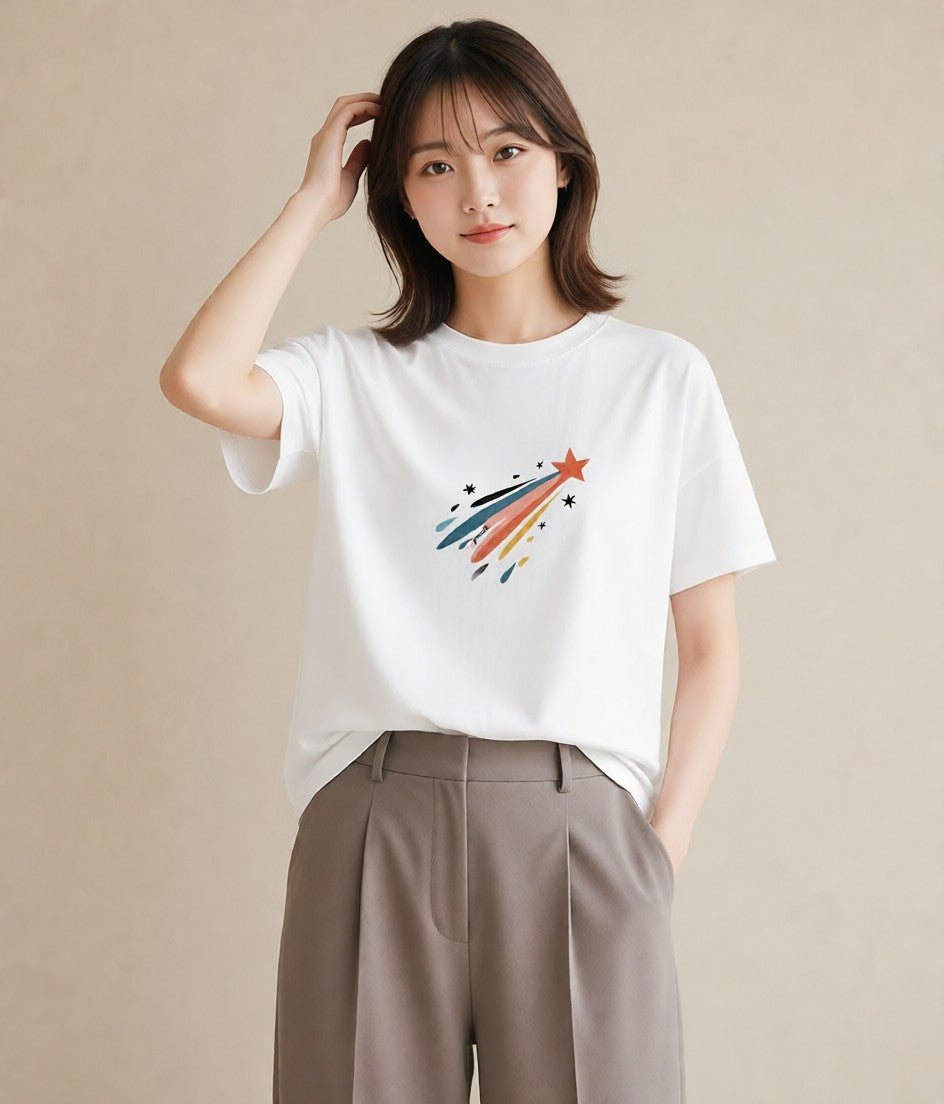 Tシャツ レディース スター 星空 宇宙 イラスト 個性的 レイヤード 友達ギフト 白T YMAZO