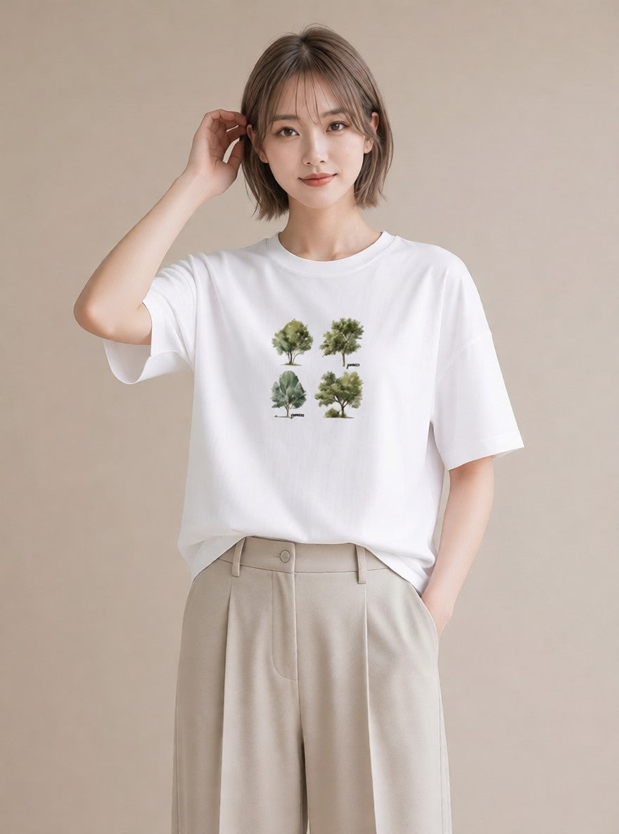 グラフィックTシャツ レディース 森 植物 ボタニカル イラスト ガーリー 送別ギフト 通勤 白T YMAZO
