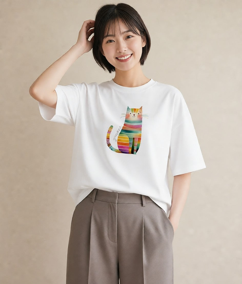 Tシャツ レディース 猫 ねこ イラスト カジュアル ミセス 春コーデ 白T YMAZO