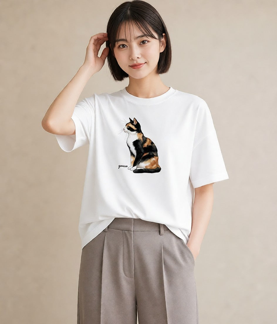 デザインTシャツ レディース メインクーン 猫 ねこ イラスト お洒落 帰省 ラフ 白T YMAZO