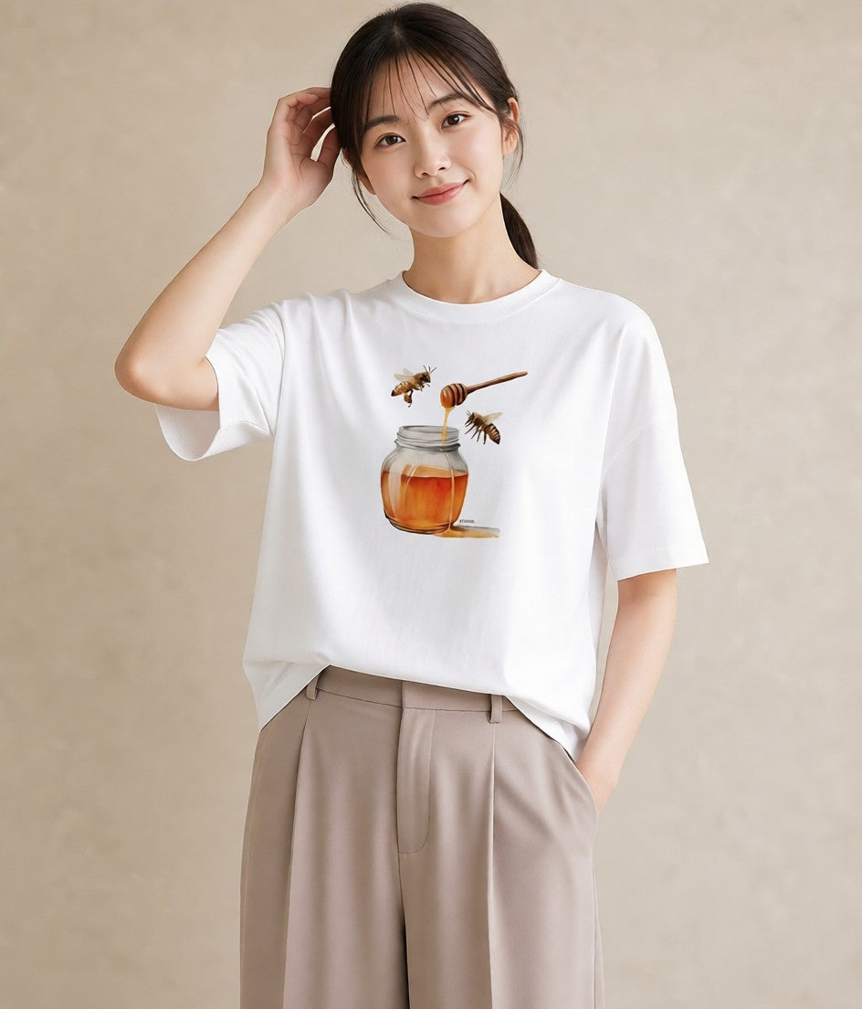 半袖Tシャツ レディース みつばち 昆虫 虫 イラスト ラフカジュアル 女性 旅行用 白T YMAZO